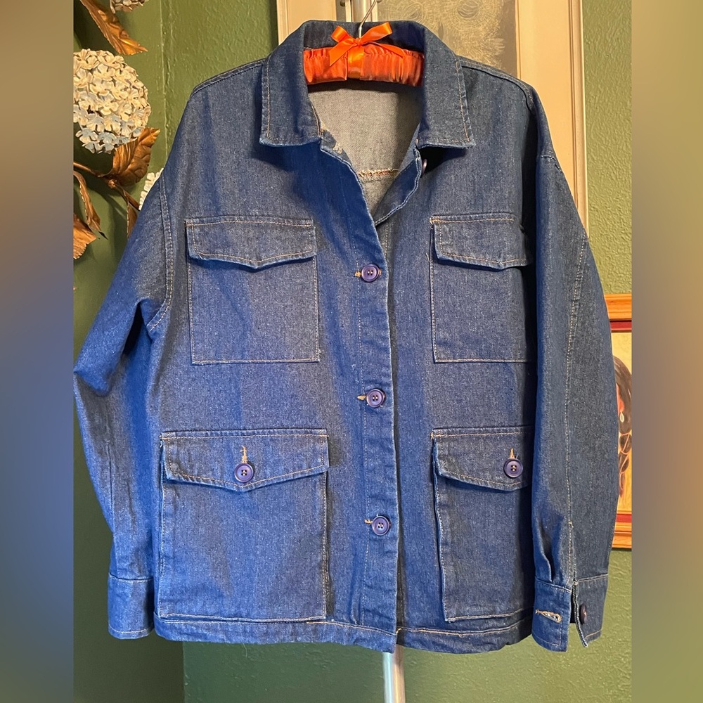 Dark Denim, Boxy Fit, Chore Jacket, Size Medium, heavy denim, contrast stitching